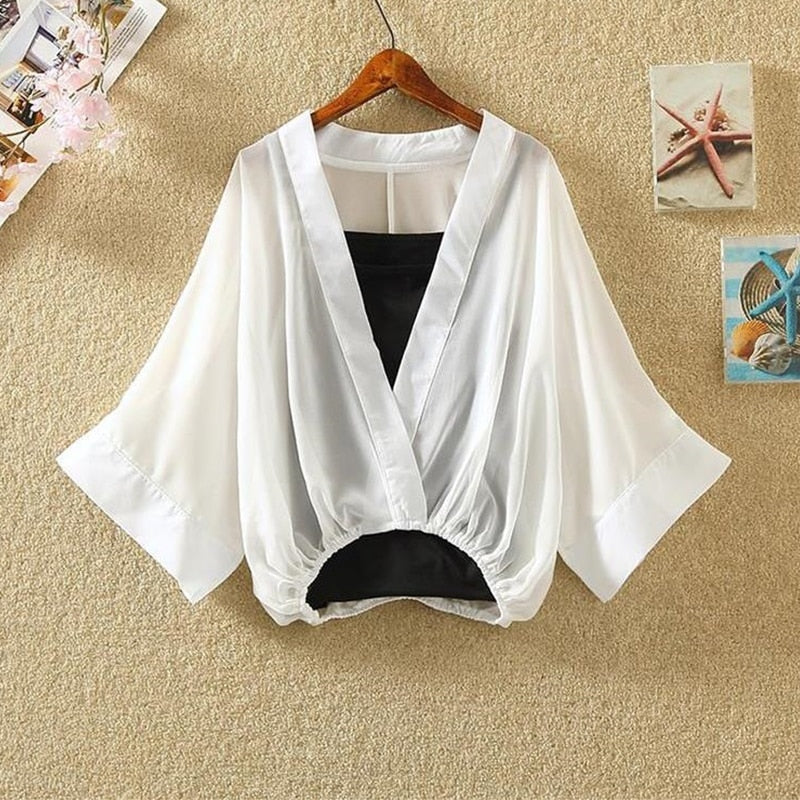 Woman 2021 Two Piece Set Striped Chiffon Grid Summer Half Sleeve Loose V-Neck Floral Autumn Cool Blouses Sweet Ladies Short Tops
