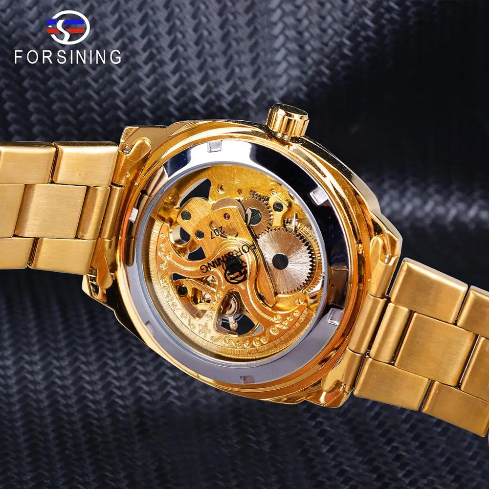 Forsining Fashion Transparent Retro Men's Automatic Mechanical Watch Top Brand Luxury Full Golden Luminous Hands Skeleton Clock