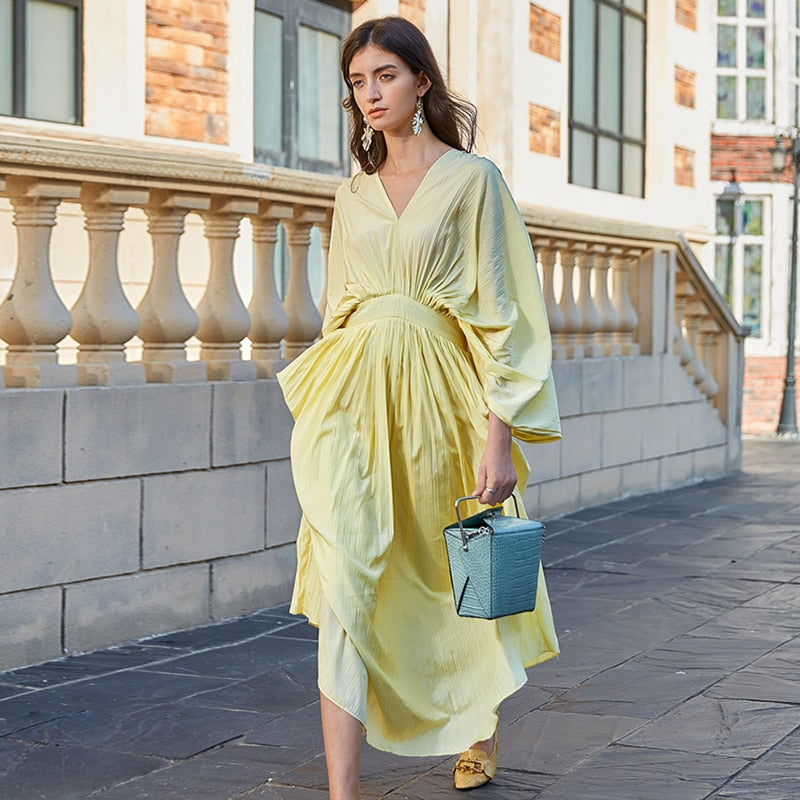 TWOTWINSTYLE Casual Dresses Female V Neck Lantern Long Sleeve High Waist Irregular Hem Ruched Summer Dress Women Fashion Clothes