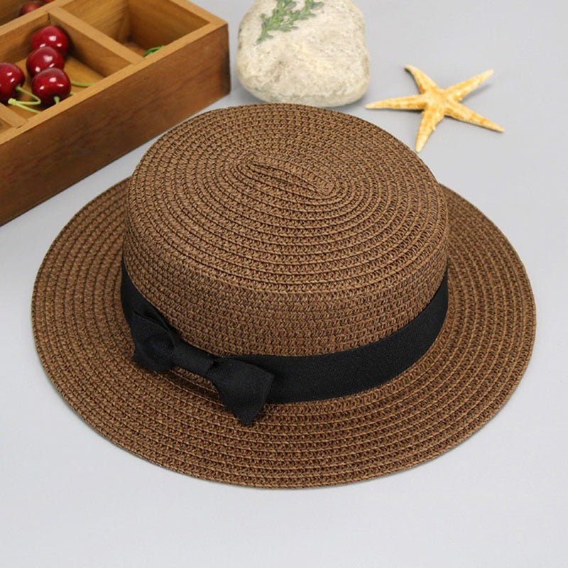 HUISHI Hat Straw Colorful Bowtie Parent-child Beach Cap Ladies Fashion Flat Brim Summer Straw Panama Cap Women Girls Sun Hat