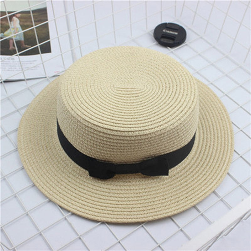 HUISHI Hat Straw Colorful Bowtie Parent-child Beach Cap Ladies Fashion Flat Brim Summer Straw Panama Cap Women Girls Sun Hat