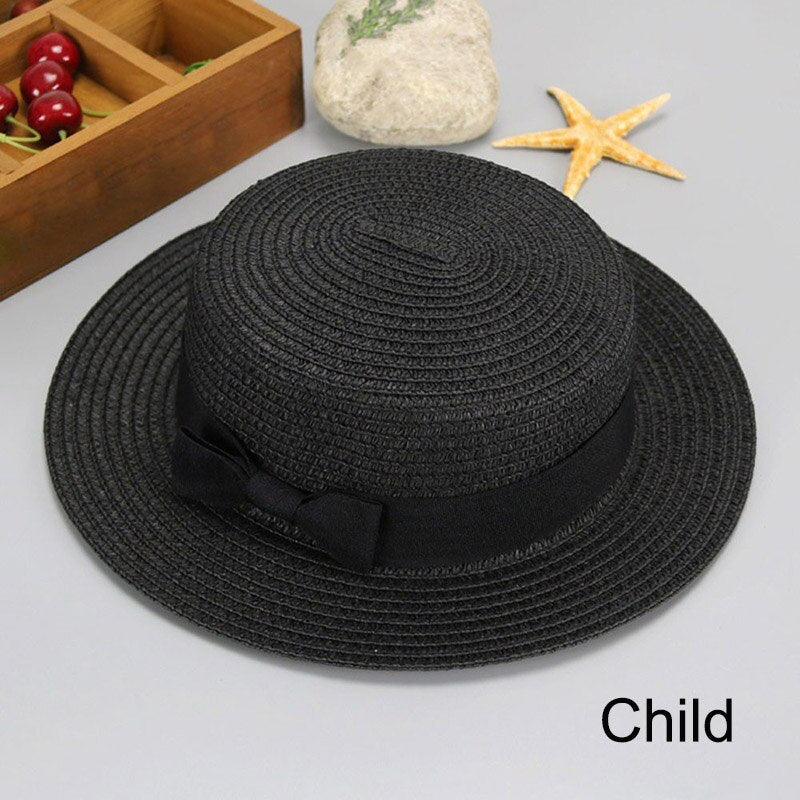 HUISHI Hat Straw Colorful Bowtie Parent-child Beach Cap Ladies Fashion Flat Brim Summer Straw Panama Cap Women Girls Sun Hat