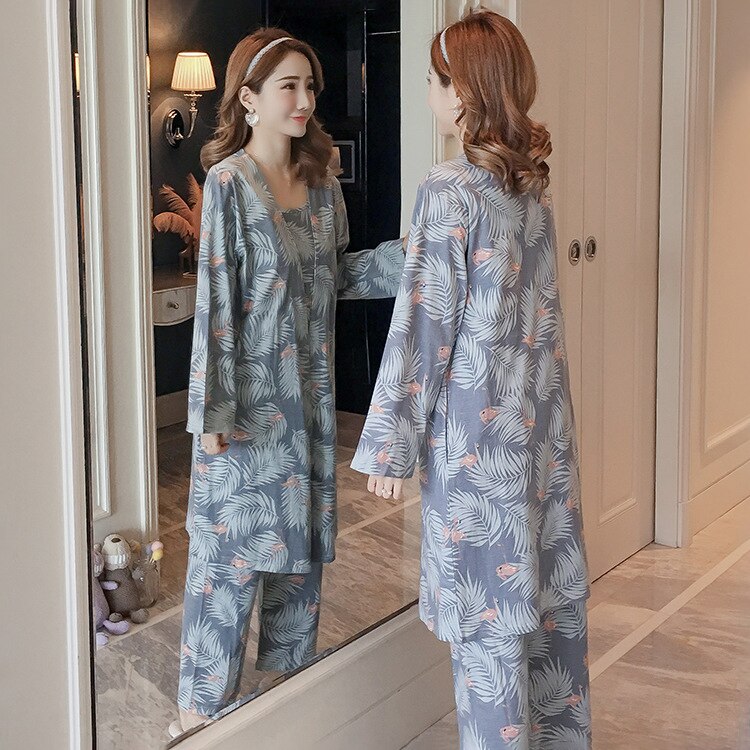 Women's Pajama Set Sleepwear Suit Long-Sleeve Underwear 3 Pieces Loungewear Floral Printing Pyjamas for Ladies Autumn Homewear