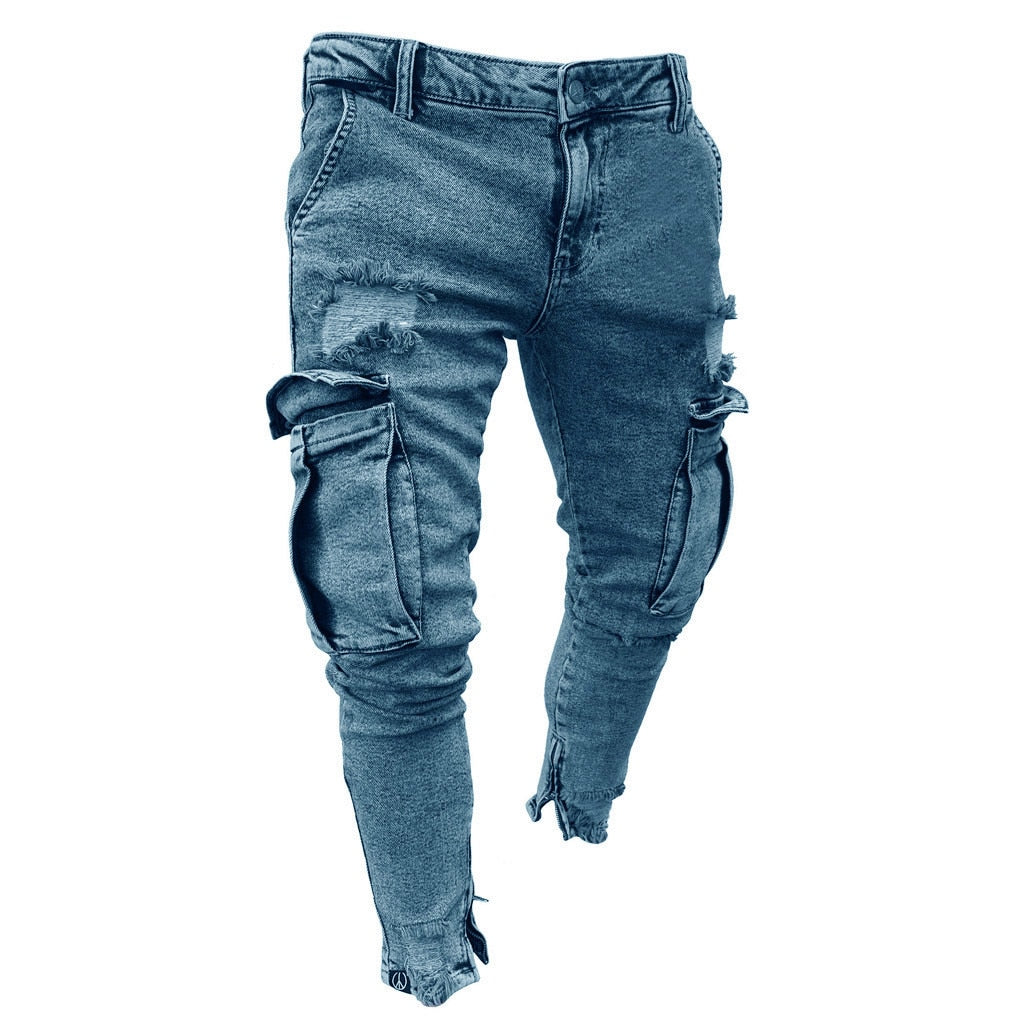 Men's Casual Skinny Denim Trousers High Street Hip Hop Pure Color Jeans Pocket Zipper Slim Fit Hole Shredded Long Pants