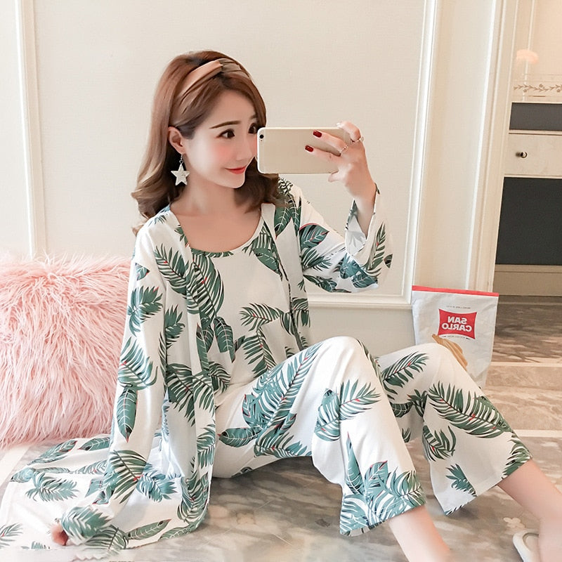 Women's Pajama Set Sleepwear Suit Long-Sleeve Underwear 3 Pieces Loungewear Floral Printing Pyjamas for Ladies Autumn Homewear