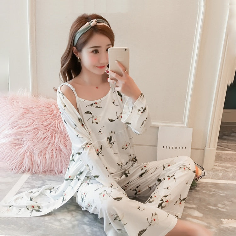 Women's Pajama Set Sleepwear Suit Long-Sleeve Underwear 3 Pieces Loungewear Floral Printing Pyjamas for Ladies Autumn Homewear