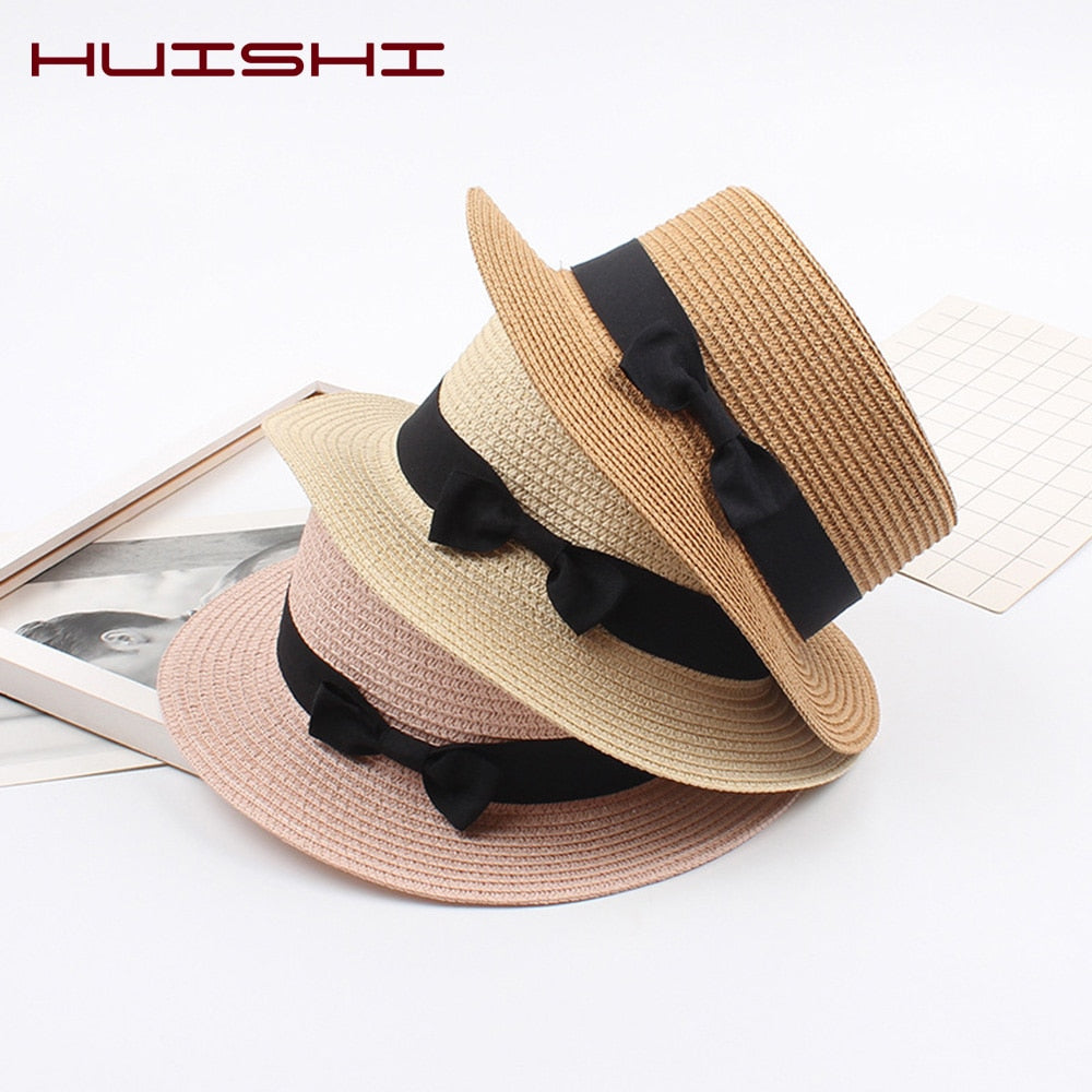 HUISHI Hat Straw Colorful Bowtie Parent-child Beach Cap Ladies Fashion Flat Brim Summer Straw Panama Cap Women Girls Sun Hat