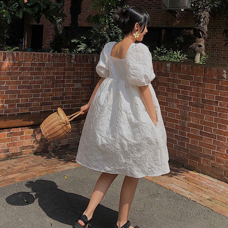 TWOTWINSTYLE 2020 New Summer And Autumn Fashion Women Clothes Hubble-bubble Sleeve Sqaure Collar Lantern Sleeves Pullover Dress