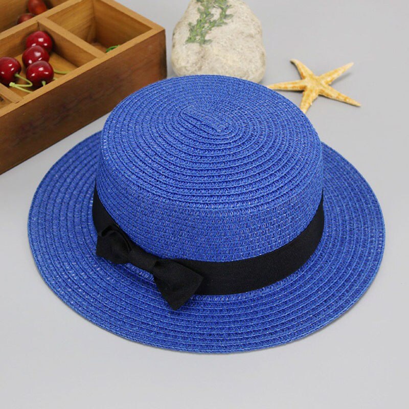 HUISHI Hat Straw Colorful Bowtie Parent-child Beach Cap Ladies Fashion Flat Brim Summer Straw Panama Cap Women Girls Sun Hat
