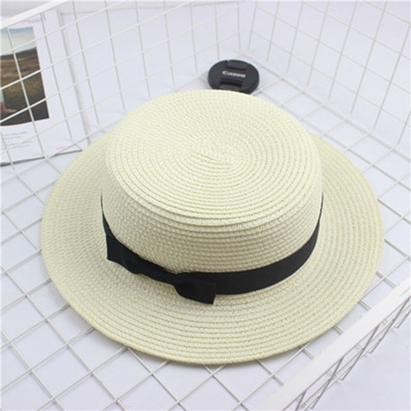 HUISHI Hat Straw Colorful Bowtie Parent-child Beach Cap Ladies Fashion Flat Brim Summer Straw Panama Cap Women Girls Sun Hat
