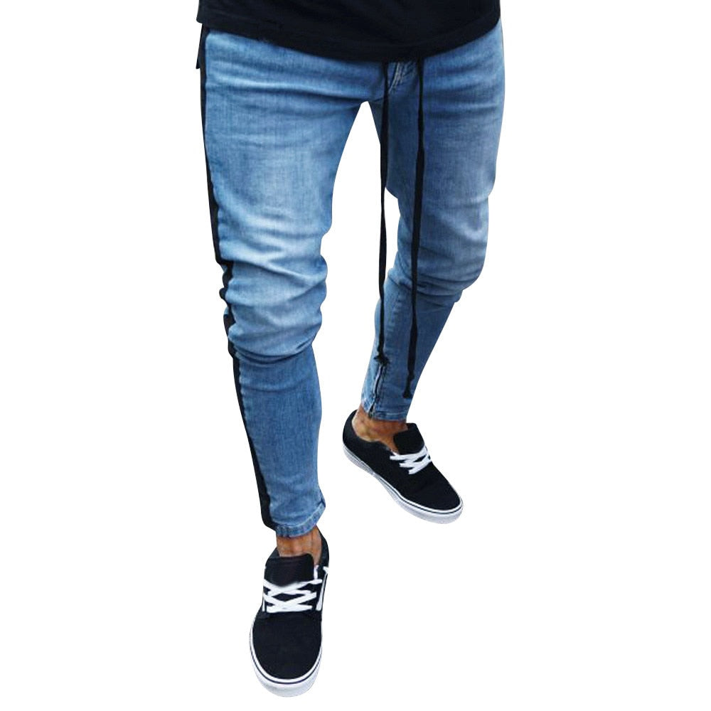 Men's Casual Skinny Denim Trousers High Street Hip Hop Pure Color Jeans Pocket Zipper Slim Fit Hole Shredded Long Pants