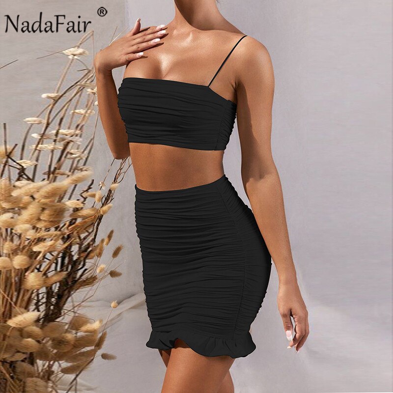 Nadafair Sexy Summer Two Piece Set Women Outfit Strap White Crop Top And Bodycon Skirt Ruffles Ruched Mini Party Club Women Set