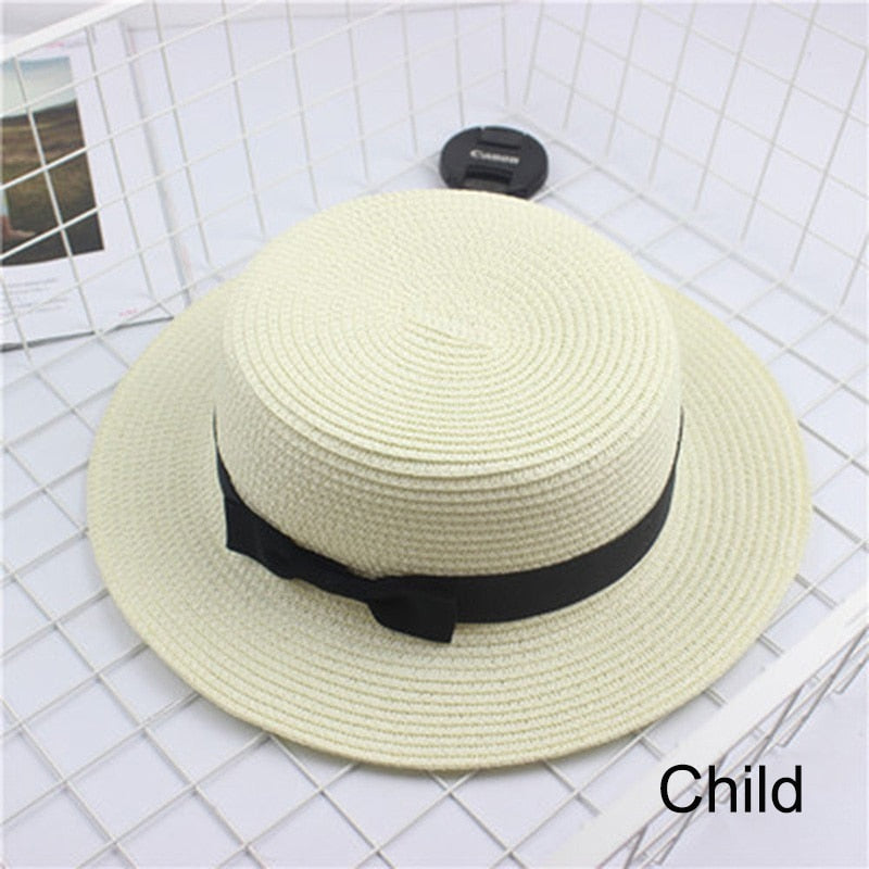 HUISHI Hat Straw Colorful Bowtie Parent-child Beach Cap Ladies Fashion Flat Brim Summer Straw Panama Cap Women Girls Sun Hat