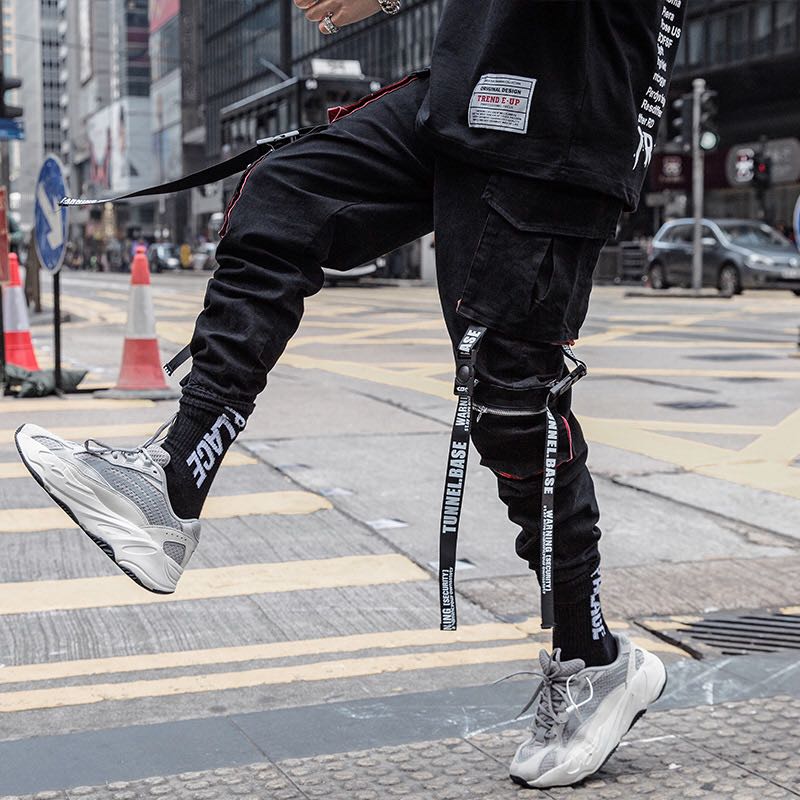Men Hip Hop Black Cargo Pants joggers Sweatpants Overalls Men Ribbons Streetwear Harem Pants Women Fashions Trousers