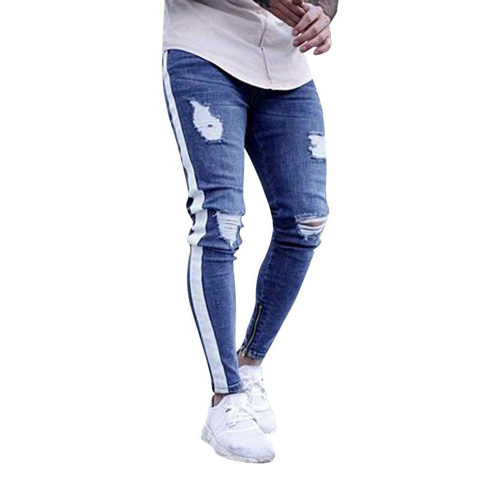 Men's Casual Skinny Denim Trousers High Street Hip Hop Pure Color Jeans Pocket Zipper Slim Fit Hole Shredded Long Pants