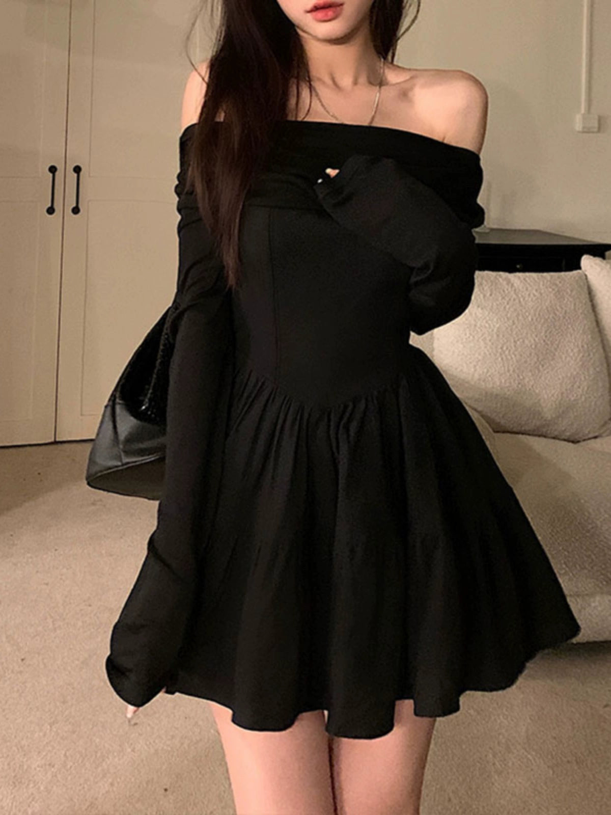 Sexy Pile Collar Oblique Shoulder Non Slip Long Sleeve Dress