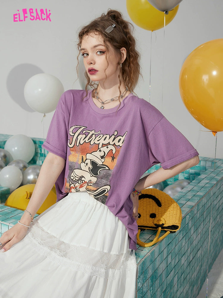 Elf Sack Print Loose Top T-shirt with Short Sleeves