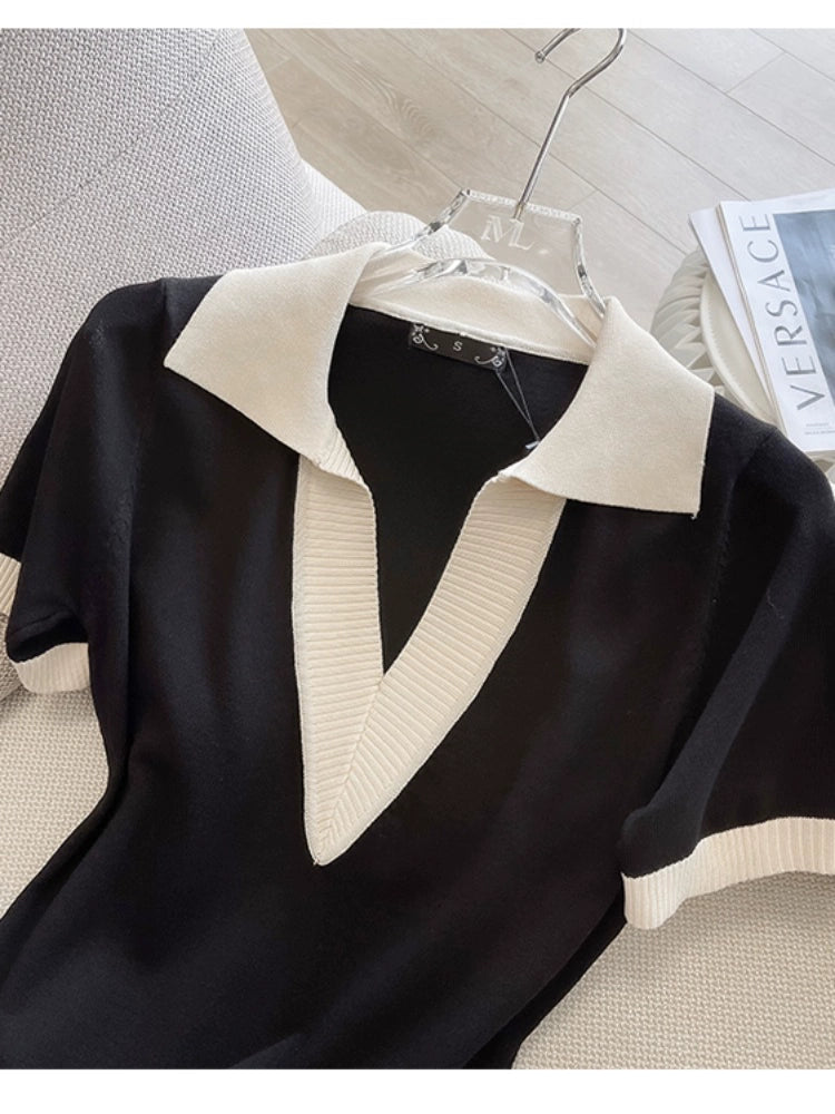 Classic Style Polo Collar Short Sleeve Loose Knitted Dress