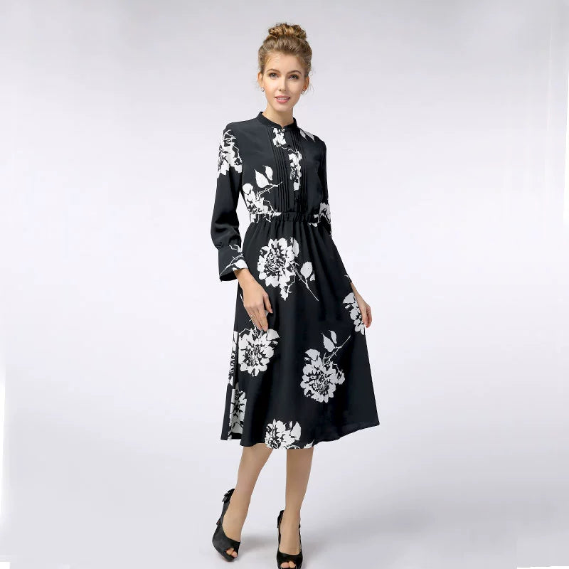 European Style Stand Collar Elastic Waist Dress Chiffon Shirt