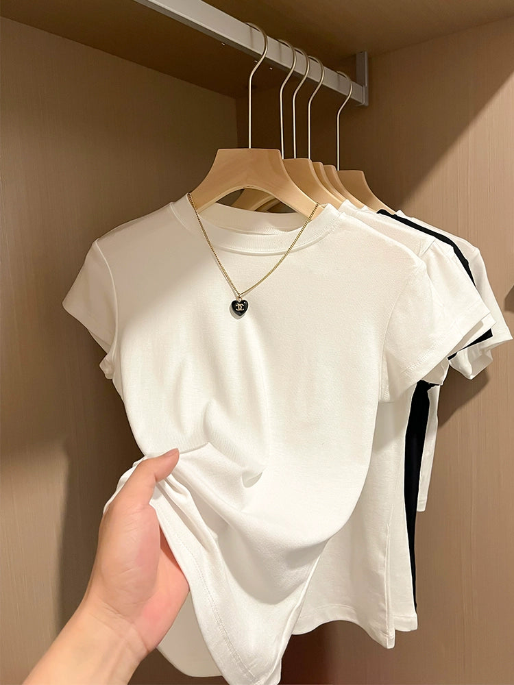 Shoulder White Niche Style Half Turtleneck Slim-Fit Short-Sleeved T-shirt