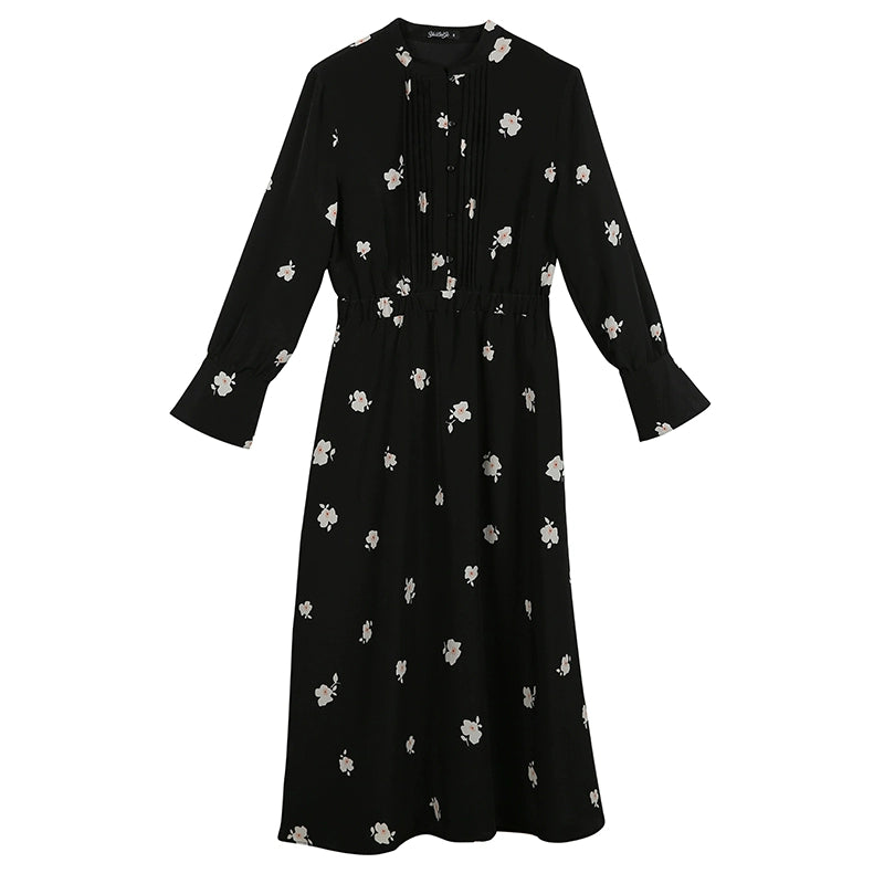 European Style Stand Collar Elastic Waist Dress Chiffon Shirt