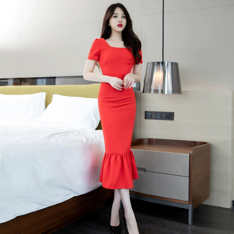 Elegant Slim-Fit Hip Dress Long Red Fishtail