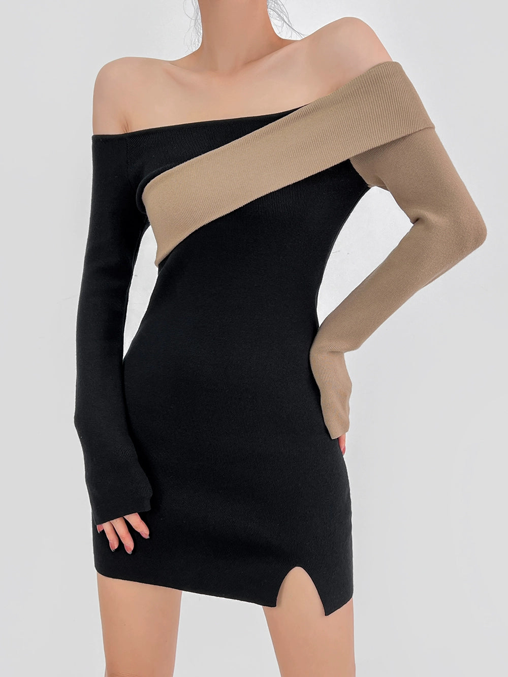 Double Z Contrast Color Cross off-Shoulder Knitting Dress Women's Autumn Slim Fit Bottoming Hip Skirt Inner Wear