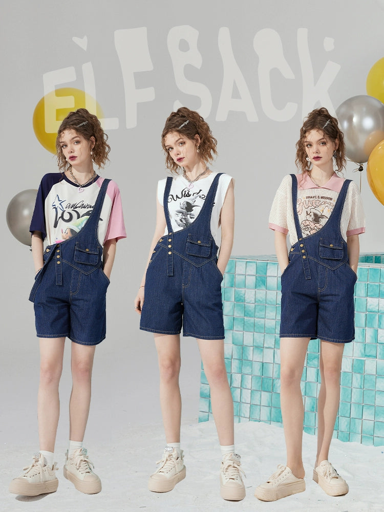 Elf Sack Denim Suspender Pants for Women 2023 Summer New Short High Waist Straight Slim Looking Casual Shorts