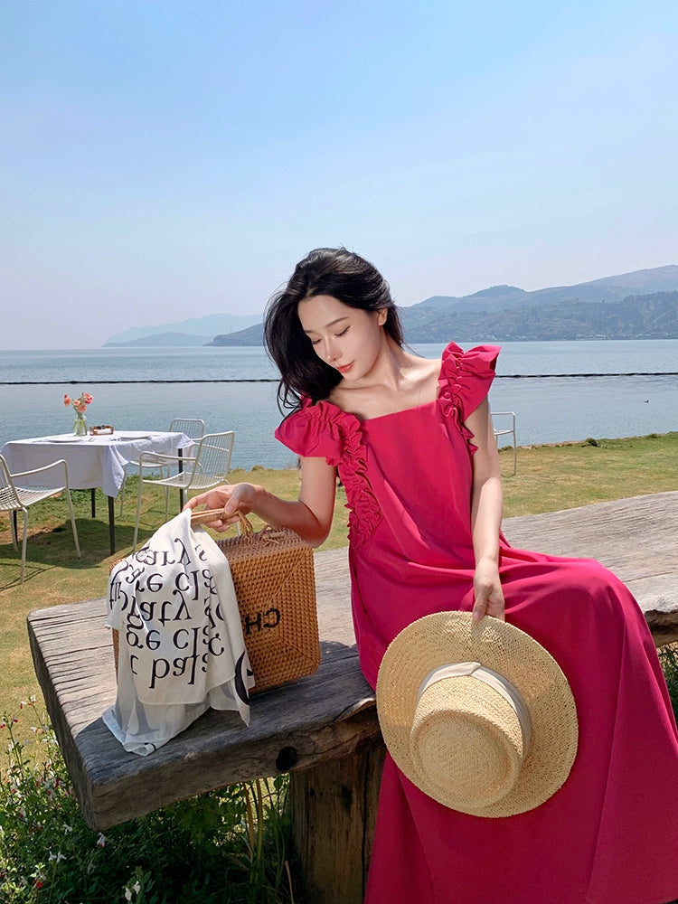 Rose Red White Loose Dopamine Sanya Dress