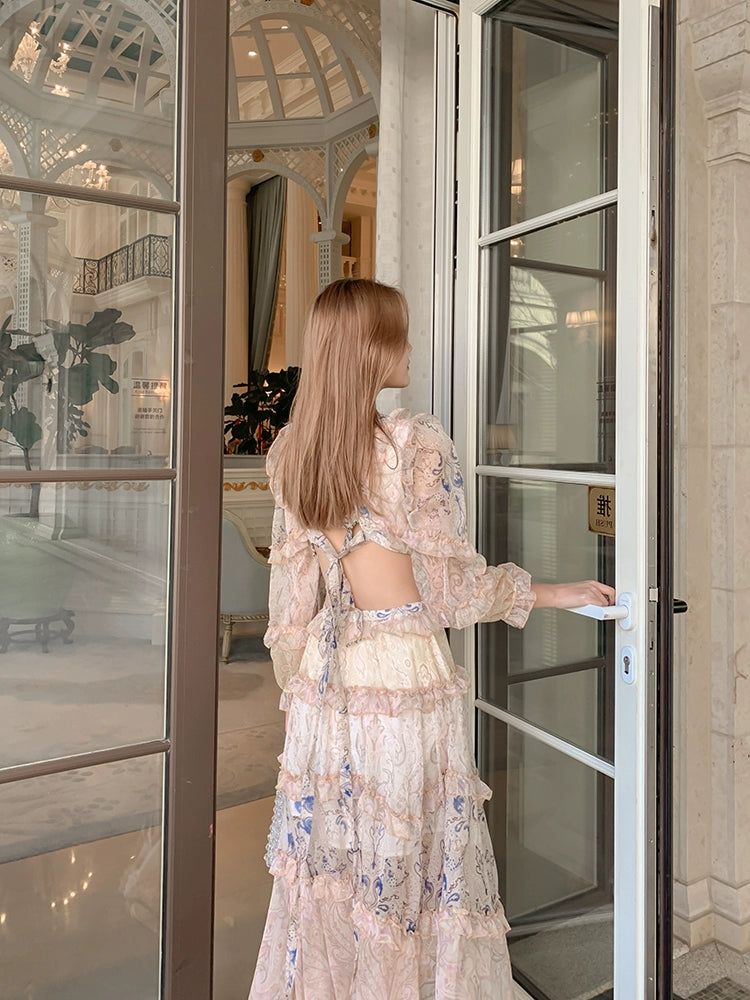 Retro Long Sleeves V-neck Open Back Sanya Fairy Beach Dress