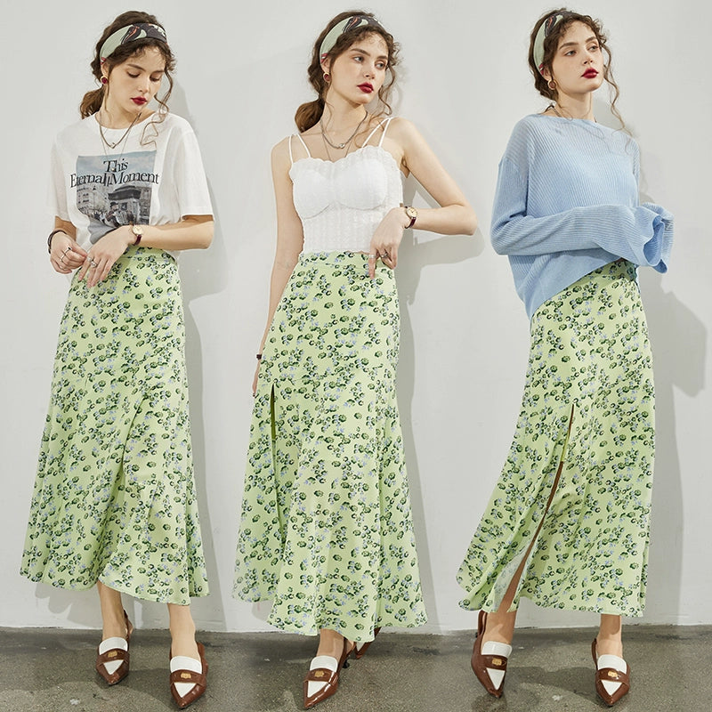 Elf Sack Mid Length Long Length Elegant Floral Skirt