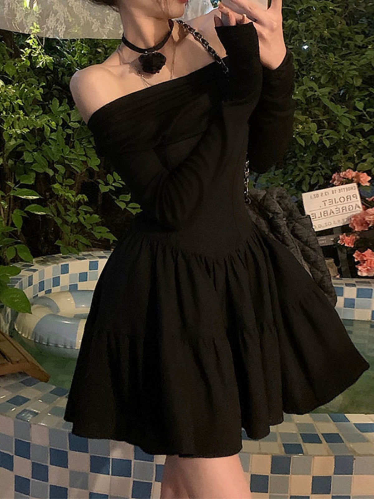 Sexy Pile Collar Oblique Shoulder Non Slip Long Sleeve Dress