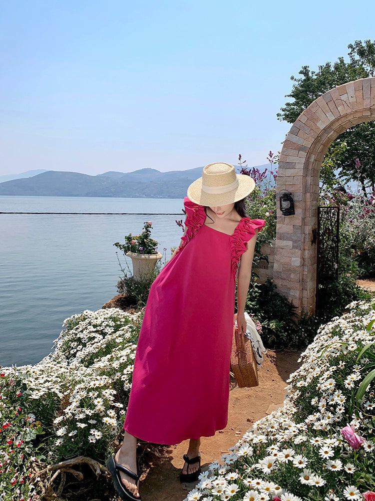 Rose Red White Loose Dopamine Sanya Dress