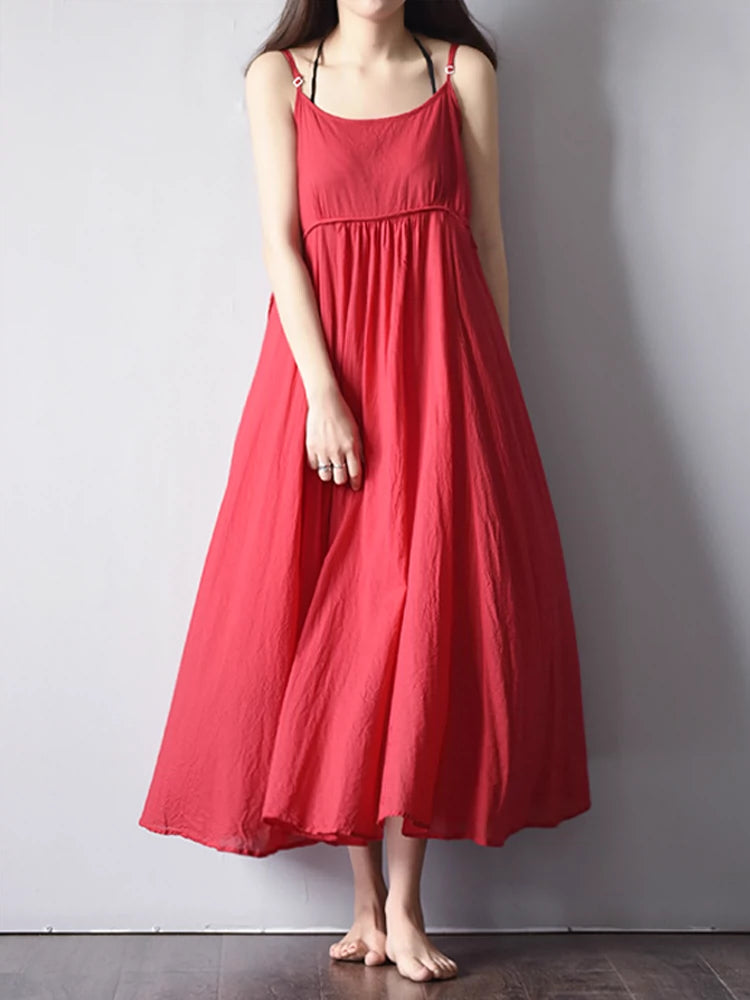 Fresh Red Cotton A- line Strap Dress