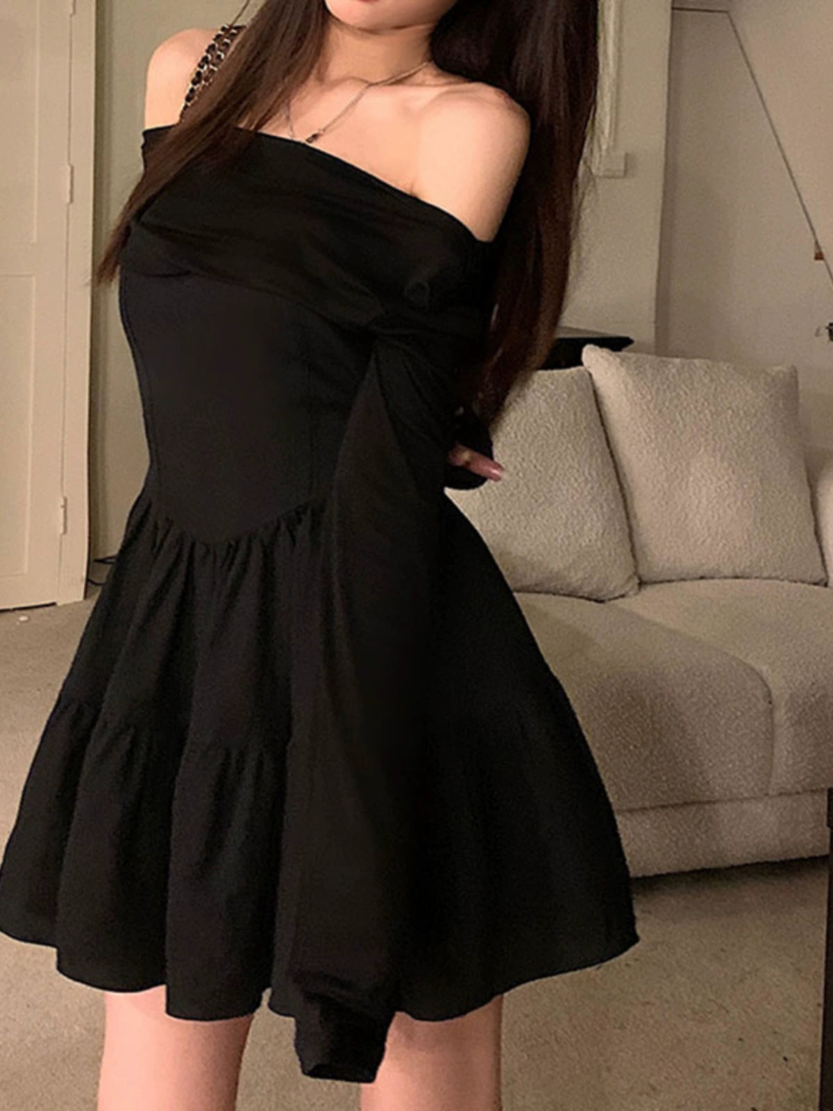 Sexy Pile Collar Oblique Shoulder Non Slip Long Sleeve Dress