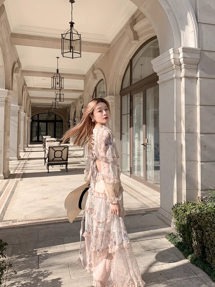 Retro Long Sleeves V-neck Open Back Sanya Fairy Beach Dress