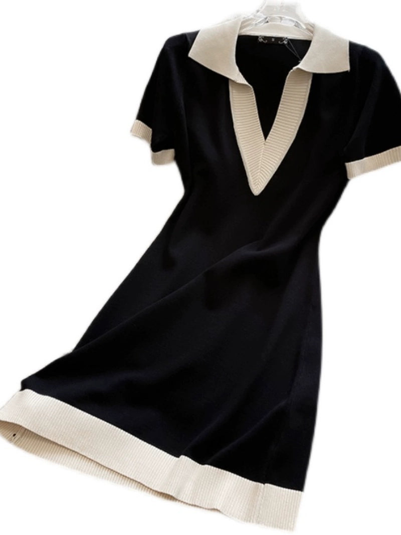 Classic Style Polo Collar Short Sleeve Loose Knitted Dress