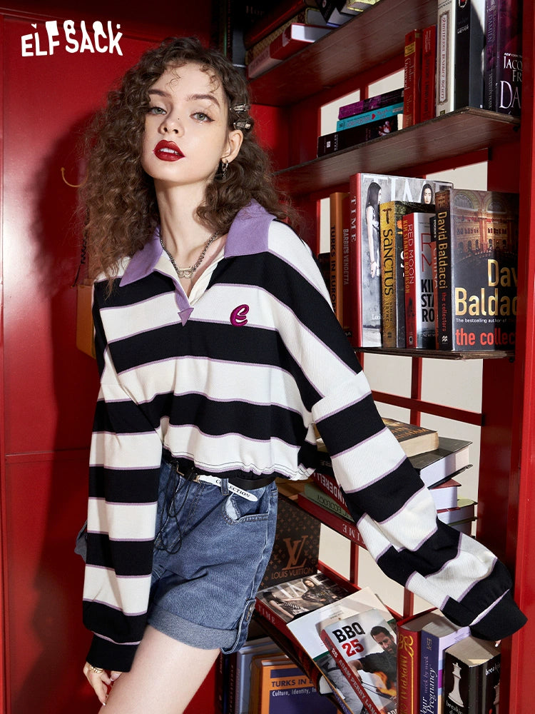 Elf Sack Polo Collar Striped Casual Sweatshirt