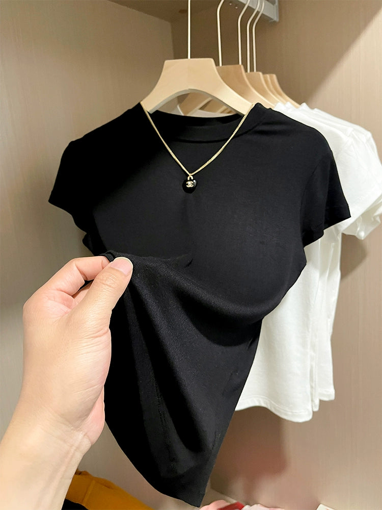 Shoulder White Niche Style Half Turtleneck Slim-Fit Short-Sleeved T-shirt