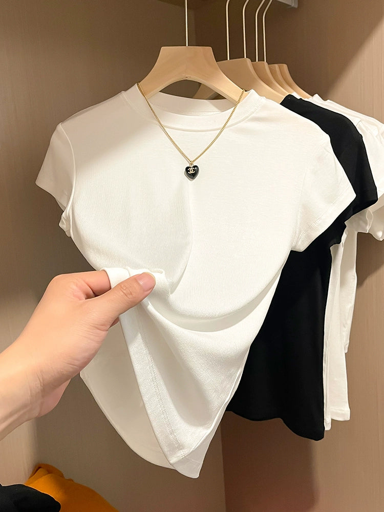 Shoulder White Niche Style Half Turtleneck Slim-Fit Short-Sleeved T-shirt