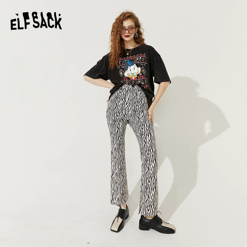 Elf Sack Zebra Print Niche High Waist Flared Pants