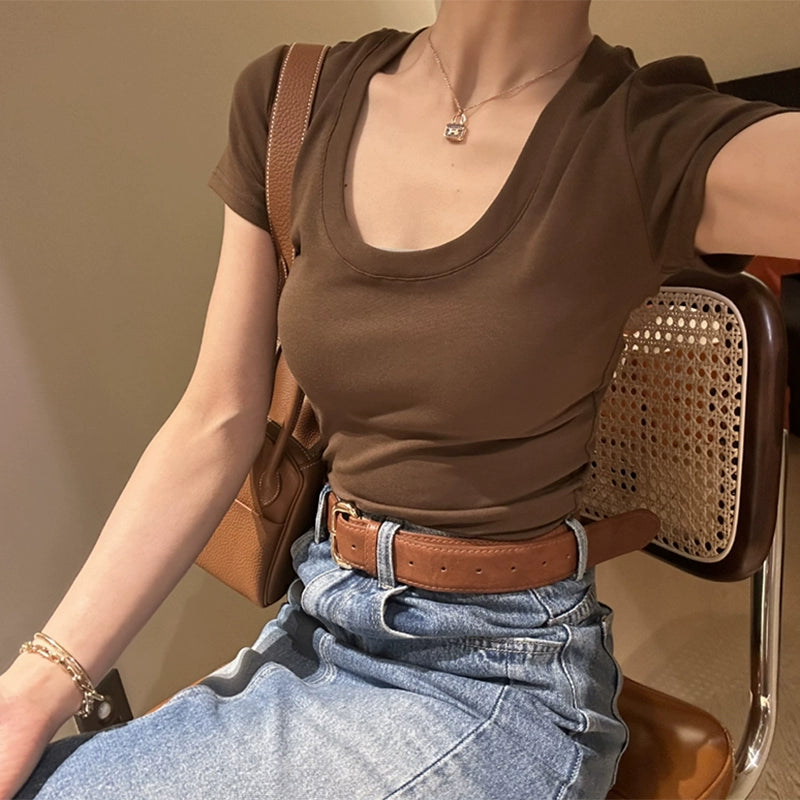 White U-Neck Shoulder Short Sleeve T-shirt Women's Summer Slim Fit Skinny Slimming and Short White T Half Sleeve Tops Cotton T-shirt