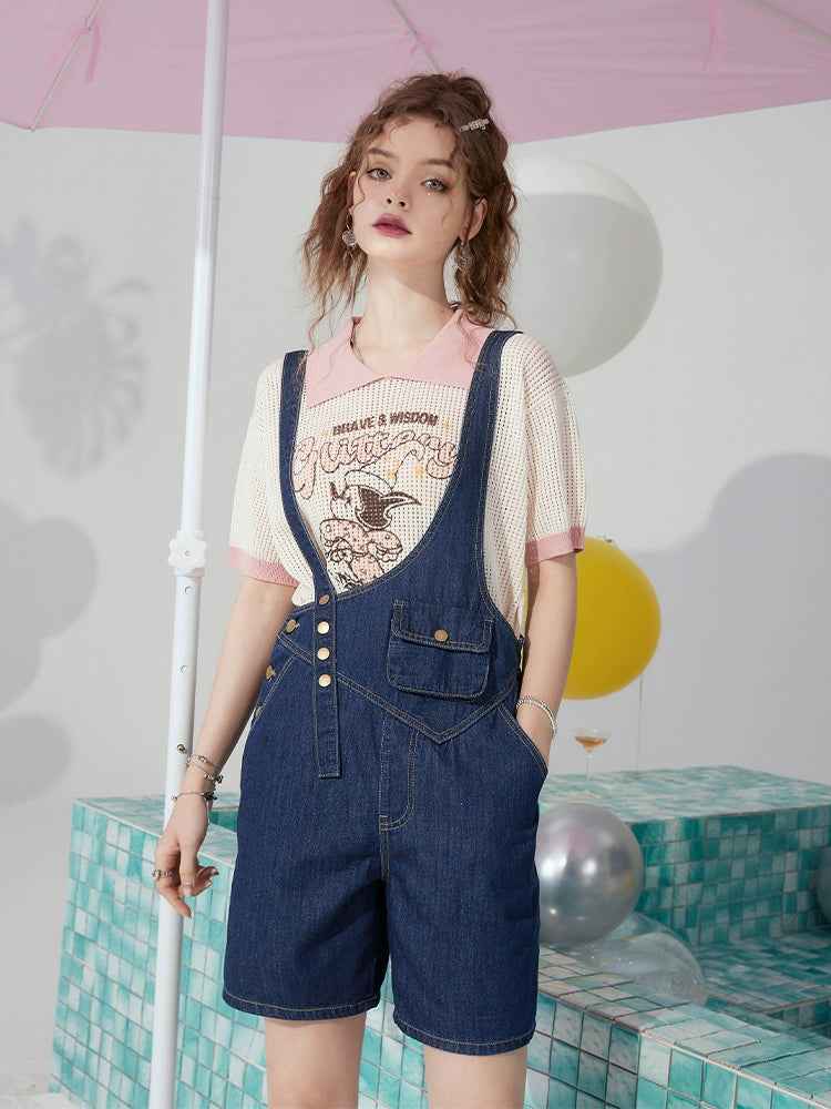 Elf Sack Denim Suspender Pants for Women 2023 Summer New Short High Waist Straight Slim Looking Casual Shorts