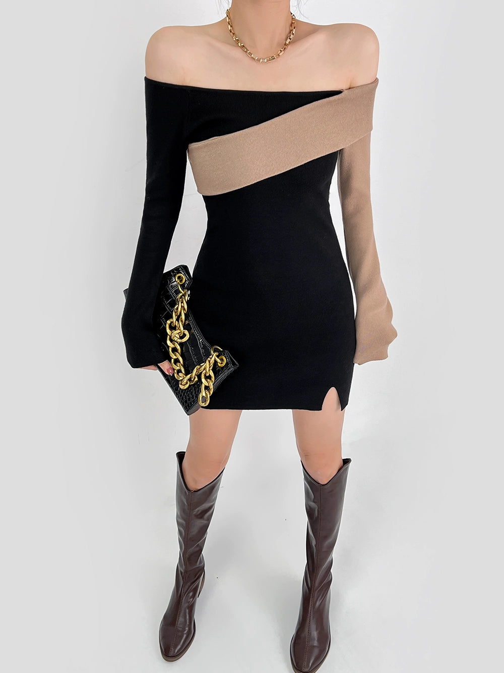 Double Z Contrast Color Cross off-Shoulder Knitting Dress Women's Autumn Slim Fit Bottoming Hip Skirt Inner Wear