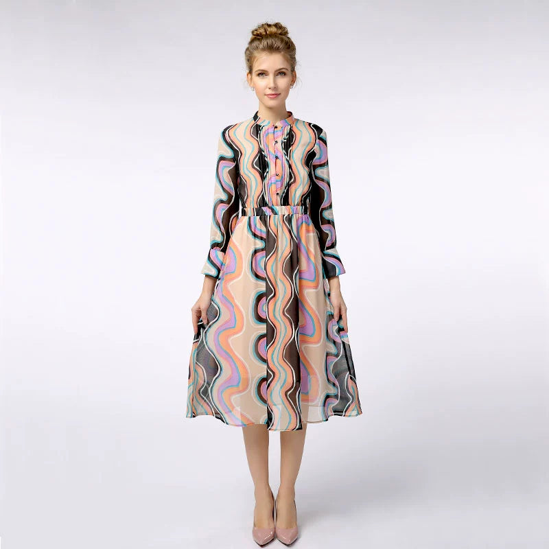 European Style Stand Collar Elastic Waist Dress Chiffon Shirt
