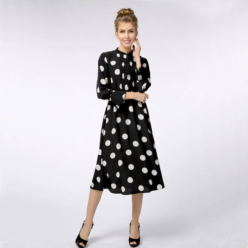 European Style Stand Collar Elastic Waist Dress Chiffon Shirt