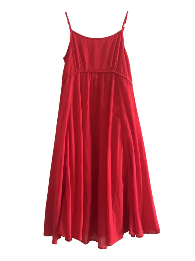 Fresh Red Cotton A- line Strap Dress