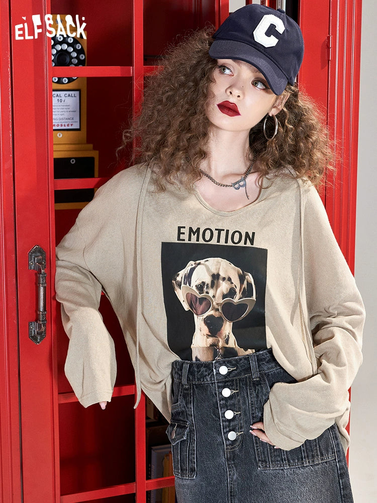 Elf Sack Print Early Spring Loose Long Sleeves T-shirt