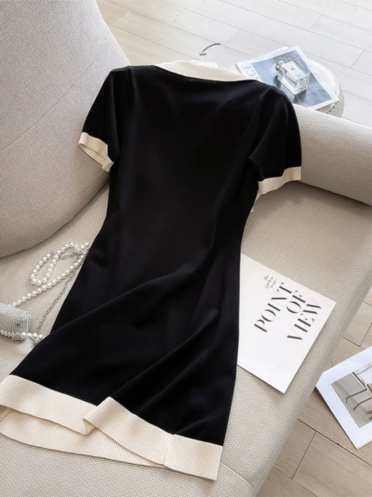 Classic Style Polo Collar Short Sleeve Loose Knitted Dress