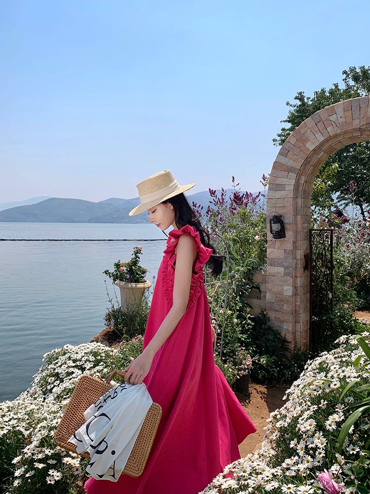 Rose Red White Loose Dopamine Sanya Dress
